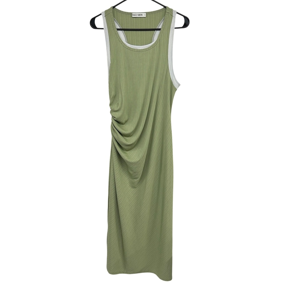 Ribbed Ruched Maxi Dress 1X Sage Green Racerback Coastal Minimalist Resort
